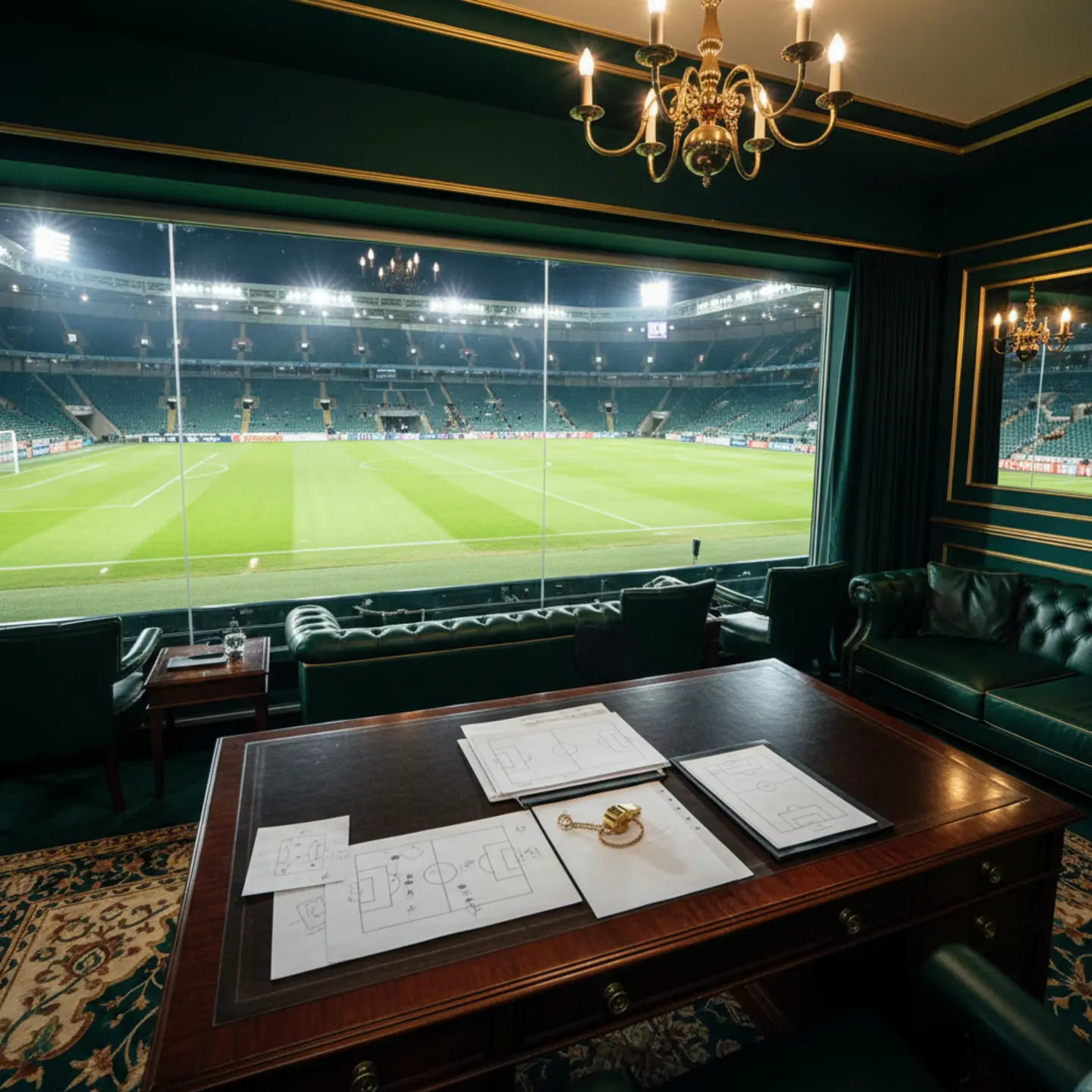 Zicht vanuit de VIP box op een prachtig verlicht voetbalstadion in de avond